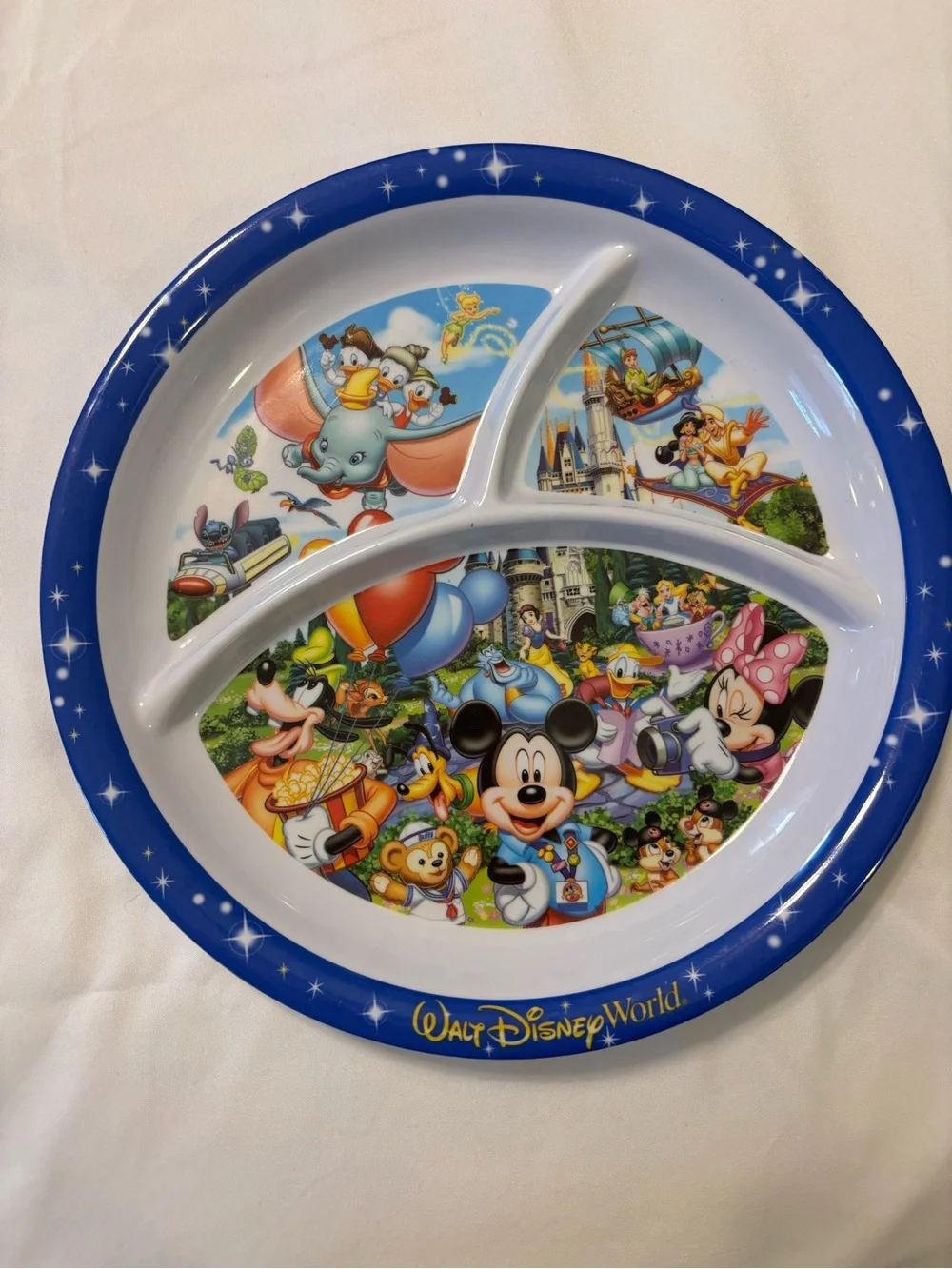 Walt Disney World Blue Divided Kids Dinner Plate with Classic Characters